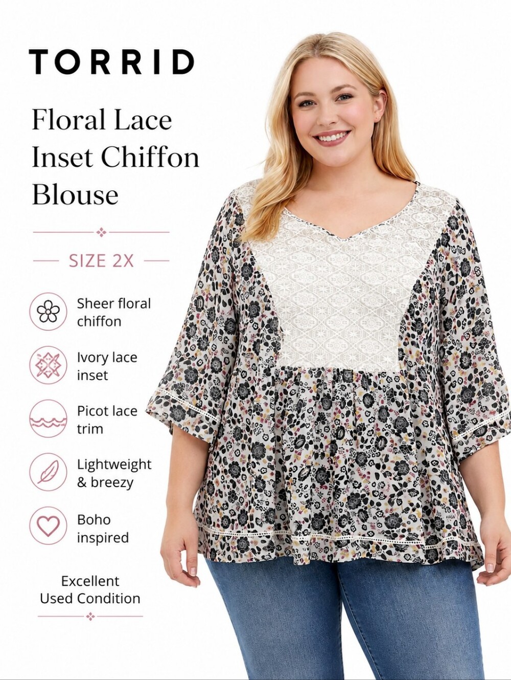 TORRID Floral Lace Inset Chiffon Blouse Size 2X